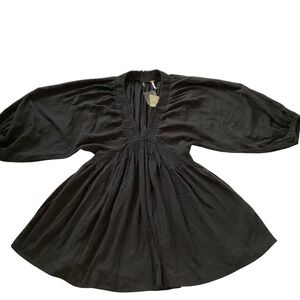 Free People Black Cotton Babydoll Mini Dress Boho Balloon Sleeve Size Large